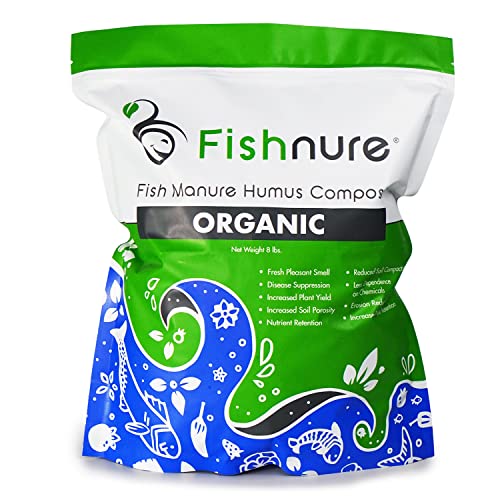 Fishnure 8 lb Odorless Organic Humus Compost Fish Manure Bio Fertilizer - OMRI Listed - with Living Fertilizer for Potted Plants, Indoor Plants, Herb Gardens, Vegetable Gardens, Flower and Fruits